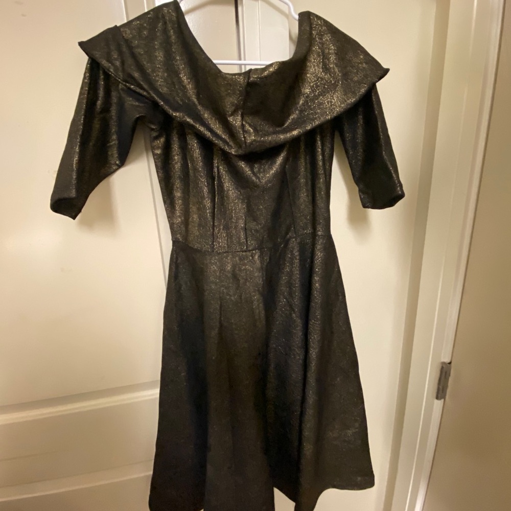 Gold metallic off shoulder flare dress